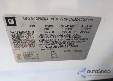 2019 Chevrolet Equinox Lt из США, поврежденный, VIN 2GNAXUEV5K6251609